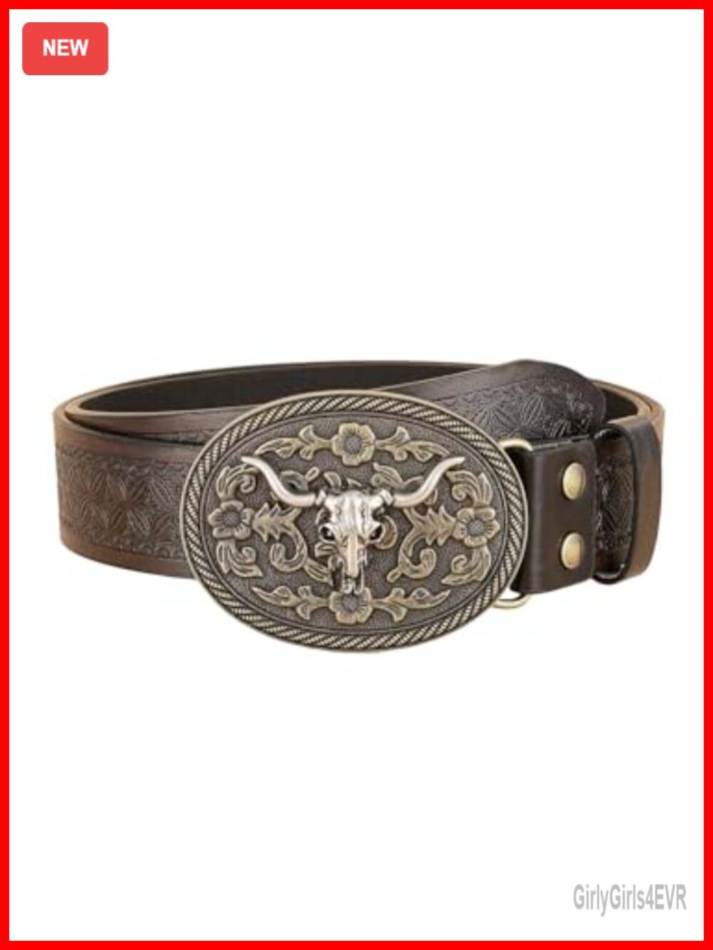 Vintage Western PU Leather Belt Oval Metal Buckle Floral Carved